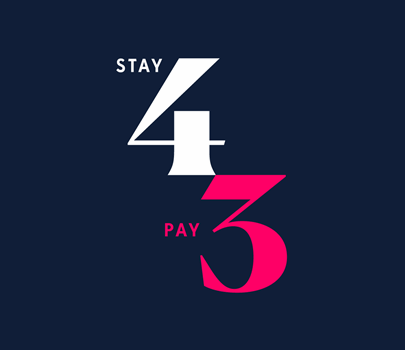 Sea Containers London’s 'Stay 4 Pay 3' offer GIF with pink, blue, black and beige background.